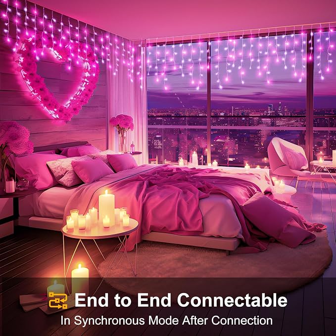 33ft Icicle Lights for Outside, Pink Christmas Lights Outdoor Waterproof for House, 400 LED Twinkle Light with 75 Drops Clear Wire Short Curtain Lights for Room Home Wall Indoor Decorations