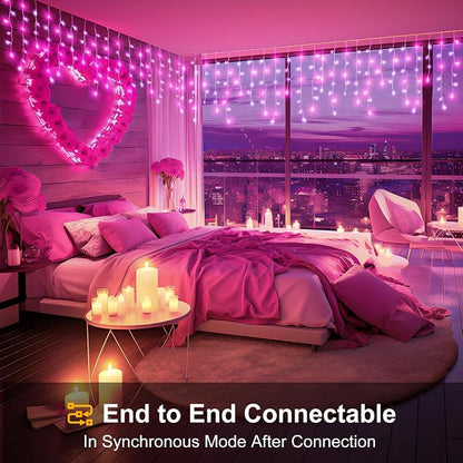 33ft Icicle Lights for Outside, Pink Christmas Lights Outdoor Waterproof for House, 400 LED Twinkle Light with 75 Drops Clear Wire Short Curtain Lights for Room Home Wall Indoor Decorations