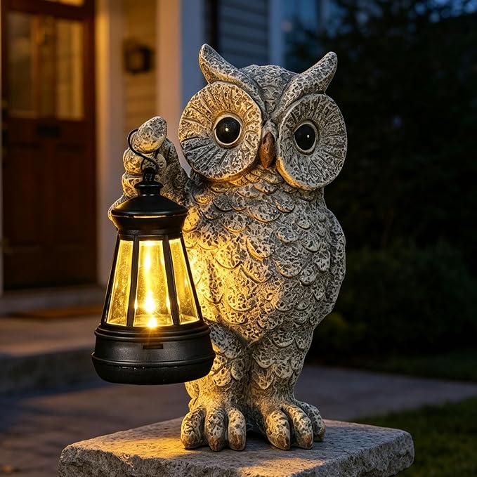 Garden Statues, owl Outdoor Figurines Decorated with Solar Lights, Unique Christmas Birthday Gifts for Moms, Grandmas, Women, Wives, Sisters (Grey Owl1)