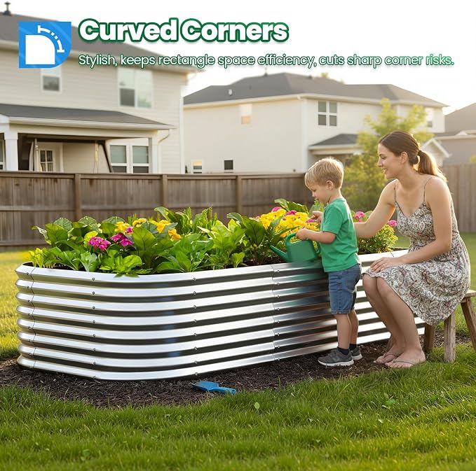 Quictent Galvanized Tall Raised Garden Bed Kit, 8x4x2 ft Oval Large Planting Box, for Vegetables Outdoor Strengthened by Crossbar (Silver)