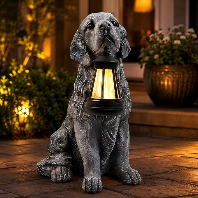 12.2 Inch Large Solar Dog Garden Statue with Lantern, Waterproof Resin Outdoor Puppy Figurine Light for Patio Yard Lawn Pathway Porch, Decorative Solar Lights Gift for Dog Lovers