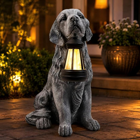 12.2 Inch Large Solar Dog Garden Statue with Lantern, Waterproof Resin Outdoor Puppy Figurine Light for Patio Yard Lawn Pathway Porch, Decorative Solar Lights Gift for Dog Lovers