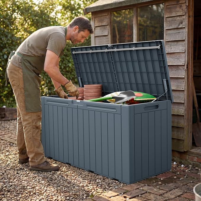 Greesum 110 Gallon Outdoor Storage Box with Lockable Lid, All-Weather Solution for Patio Furniture, Pool Supplies & Garden Tools, Waterproof, UV-Resistant Large Deck Box, Gray