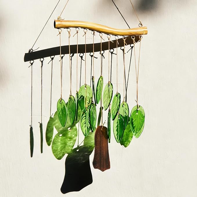 YU FENG Glass Wind Chime, Green Leaf Hanging Decor for Garden & Patio | Handcrafted leaf design, iron wood-look hanging bar, metal chime accents, window hanging ornament, outdoor home decoration
