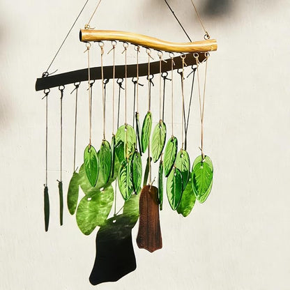 YU FENG Glass Wind Chime, Green Leaf Hanging Decor for Garden & Patio | Handcrafted leaf design, iron wood-look hanging bar, metal chime accents, window hanging ornament, outdoor home decoration