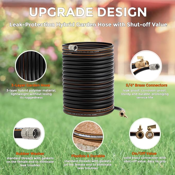 Giraffe Tools Garden Hose 5/8" with Shut off Valve, Custom Length, Heavy Duty, No Kink, Flexible, Rubber Garden Hose, Leakproof Water Hose, 600 Burst PSI, 100ft Male to Female Hose
