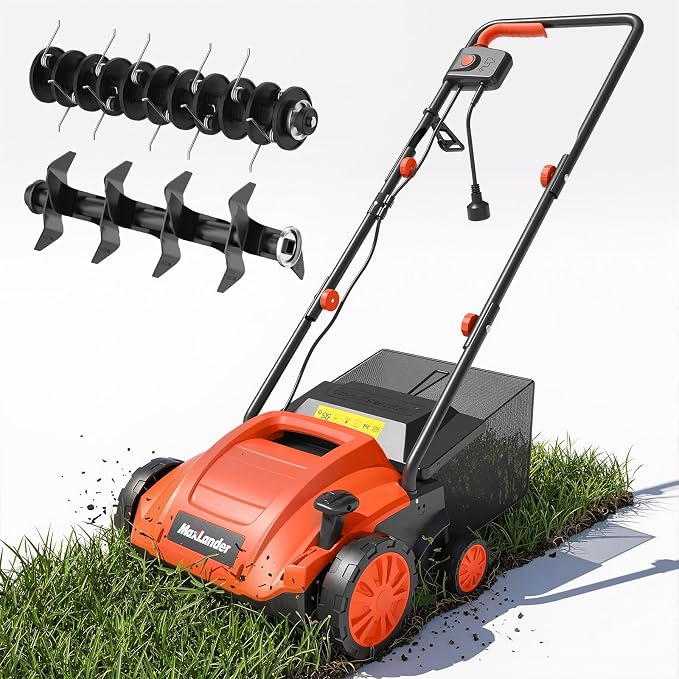 MAXLANDER 13 Inch Electric Dethatcher and Scarifier, 12 Amp Lawn Dethatcher with 4-Position Depth Adjustment, 30L Thatch Bag, 2-in-1 Walk Behind for Lawn Garden Care Removing Thatch