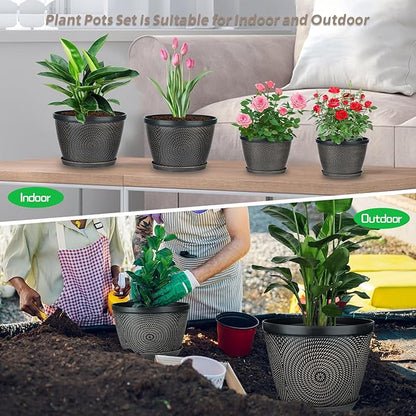 Quarut 4 Pack 6 Inch Flower Pots for Outdoor Indoor, Plastic Plant Pots with Drainage Hole & Saucer, Lightweight Small Flower Pot, Circle Pattern Planters for Garden House planters（Brown）