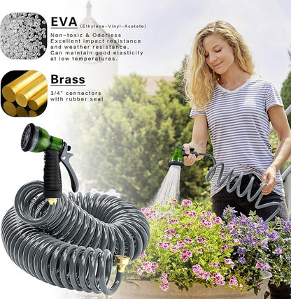Coil Hose 75FT EVA Coil Garden Hose With 3/4'' Brass Connector Coiled Water Hose Lightweight And No Kink Includes 7 Patterns Spray Nozzle For Outdoors Lawn Watering Car Washing