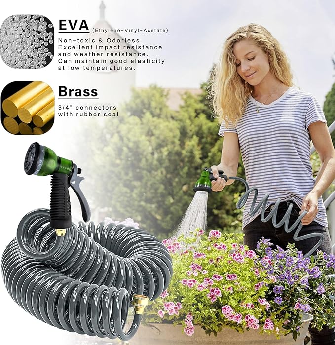 Coil Hose 50FT EVA Coil Garden Hose With 3/4'' Brass Connector Coiled Water Hose Lightweight And No Kink Includes 7 Patterns Spray Nozzle For Outdoors Lawn Watering Car Washing