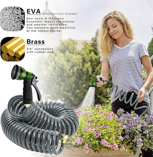 Coil Hose 50FT EVA Coil Garden Hose With 3/4'' Brass Connector Coiled Water Hose Lightweight And No Kink Includes 7 Patterns Spray Nozzle For Outdoors Lawn Watering Car Washing