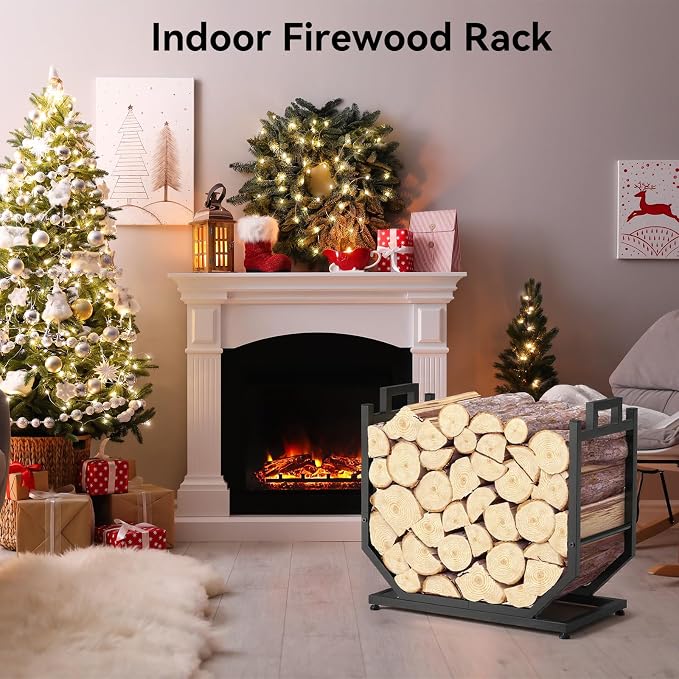 Firewood Rack, Indoor/Outdoor Firewood Holder with Firewood Carrier Bag, 25 Inch Thickened Metal Fireplace Log Holder with Adjustable Feet, Black