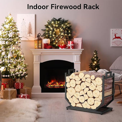 Firewood Rack, Indoor/Outdoor Firewood Holder with Firewood Carrier Bag, 25 Inch Thickened Metal Fireplace Log Holder with Adjustable Feet, Black
