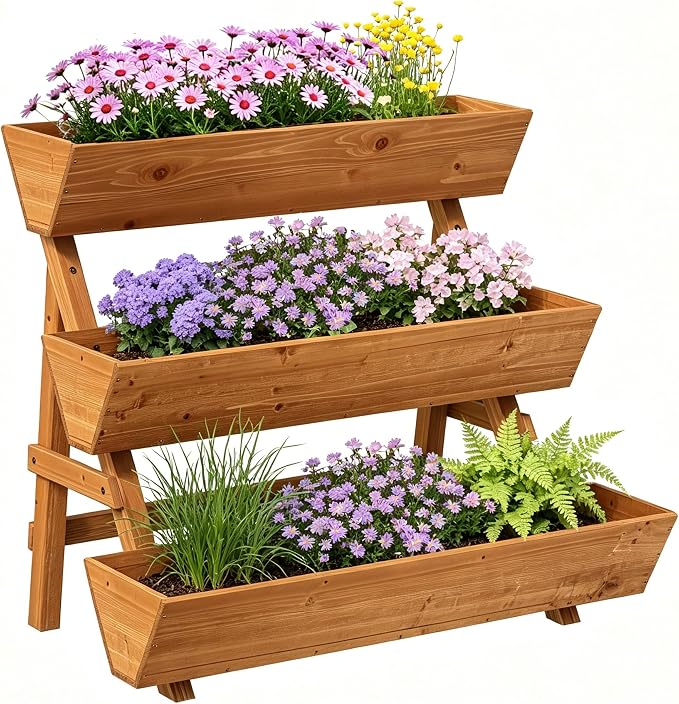 3-Tier Vertical Wooden Raised Garden Bed, Freestanding Garden Planter Box, Wood Flower Rack, Planter Box for Herbs, Vegetables, Outdoor Indoor Use, Large-Brown