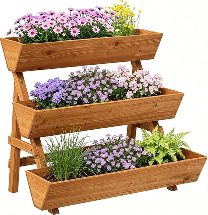 3-Tier Vertical Wooden Raised Garden Bed, Freestanding Garden Planter Box, Wood Flower Rack, Planter Box for Herbs, Vegetables, Outdoor Indoor Use, Large-Brown