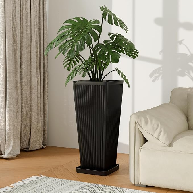 Tall Black Planters Outdoor Set of 2-24" Modern Tapered Plastic Planters for Outdoor Plants with Drainage Holes/Partition/Tray, Large Indoor Planter for Porch Patio Garden Front Porch