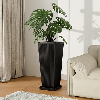 Tall Black Planters Outdoor Set of 2-24" Modern Tapered Plastic Planters for Outdoor Plants with Drainage Holes/Partition/Tray, Large Indoor Planter for Porch Patio Garden Front Porch
