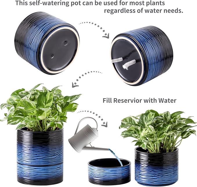 Nihow Ceramic Self Watering Plant Pot for Indoor Plants, 6 Inch,Blue | Planter with Cotton Wick, Drainage Hole & Water Storage Plus, Cylinder Round Flower Pot, For Succulent/Herbs/Violets