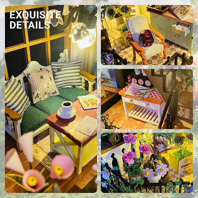 DIY Miniature House Kit, Fairy Dollhouse for Adults to Bulid,Tiny Home Making Kit with Wooden Furniture and LED, Halloween Decoration for Family and Friends (Darcy Flower House)