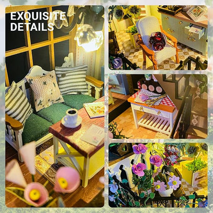DIY Miniature House Kit, Fairy Dollhouse for Adults to Bulid,Tiny Home Making Kit with Wooden Furniture and LED, Halloween Decoration for Family and Friends (Darcy Flower House)
