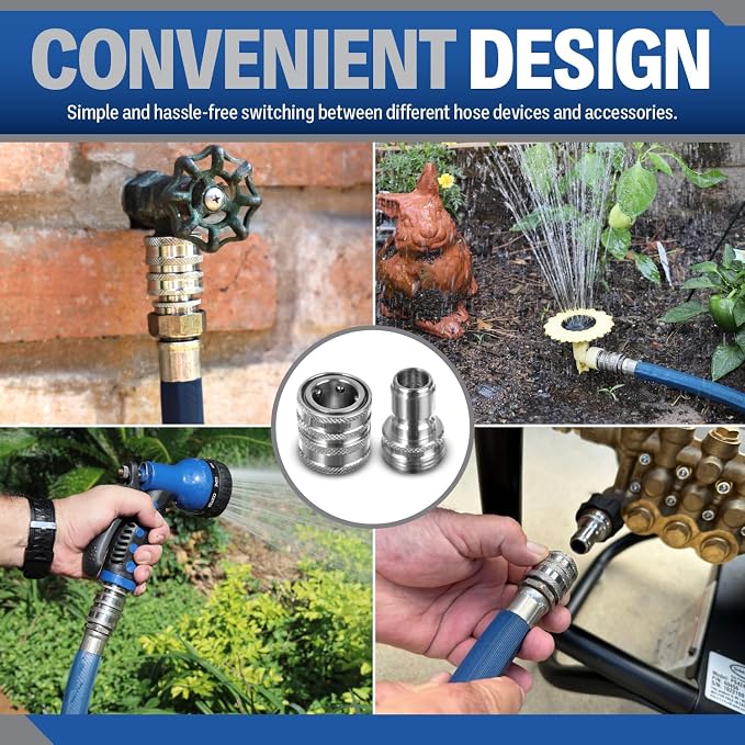Essential Washer ¾” Stainless Steel Garden Hose Quick Connect Fittings | Plug & Coupler Set of 3