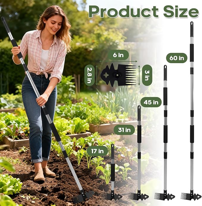 Weed Tool with Long Handle - 60" Manual Weeder Remover Tool, 2 in 1 Hand Weed Rake and Garden Hoe for Gardening, Heavy Duty Uprooting Weeding Pull for Yard, Lawn, Patio and Garden