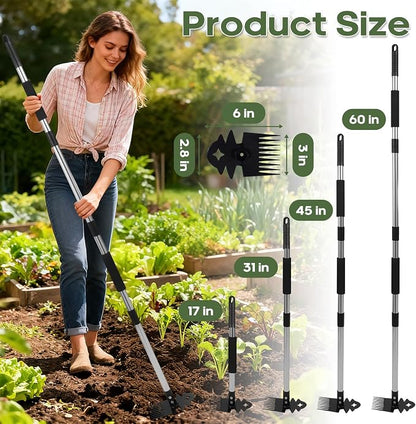 Weed Tool with Long Handle - 60" Manual Weeder Remover Tool, 2 in 1 Hand Weed Rake and Garden Hoe for Gardening, Heavy Duty Uprooting Weeding Pull for Yard, Lawn, Patio and Garden