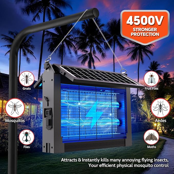 Solar Bug Zapper Outdoor, Dual Solar Panels, 4500V Waterproof Portable Mosquito Zappers, Cordless Fly Trap w/Auto Mode, Rechargeable Mosquitoes Insect Killer for Patio Yard Garden Camping Pool(Gray)