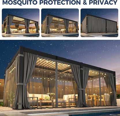 12' x 20' Louvered Pergola, Aluminum Frame Outdoor Pergola with Curtains & Netting, Adjustable Louvered Roof & Integrated Gutter System, Hardtop Patio Gazebo for Backyard, Patio, Garden, Dark Gray