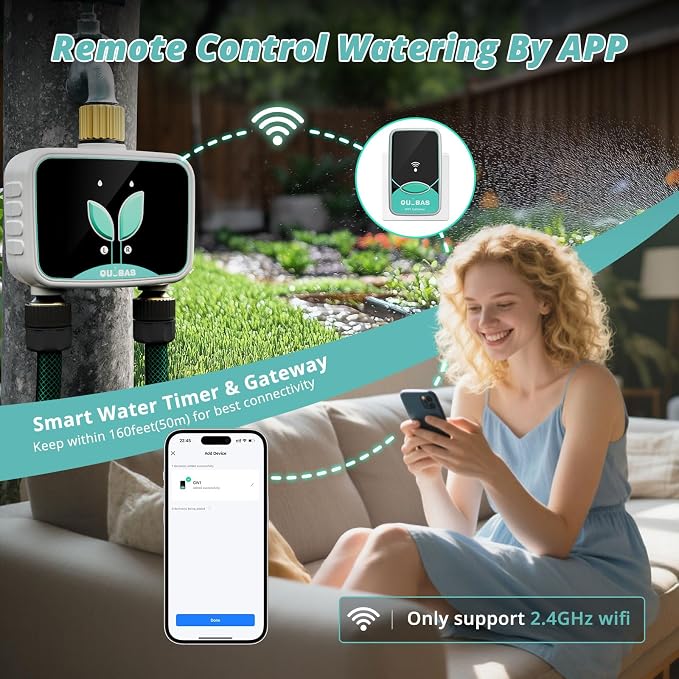 QUOBAS WiFi Water Timer for Garden Hose, 2 Zone Brass Hose Timer WiFi with App Control & Rain Delay/Auto/Manual 3 Modes for Drip Irrigation, Pool & Lawn, Battery Powered, 2.4GHz WiFi Only