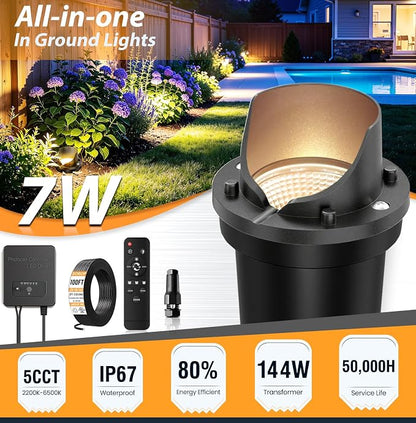 Low Voltage Landscape Lighting Kit, Well Lights with 144W Transformer & Wires, 5CCT In-ground Lights IP67 Waterproof 12-24V AC/DC Outdoor Path Lights for Garden Yard, 12 Pack
