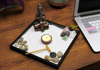 Nature's Mark Mini Zen Garden Kit for Desk with Rake, White Sand, Buddha Figures, Tea-Light Holder Black Square Base, River Rocks and Crystal (9Lx9W B)