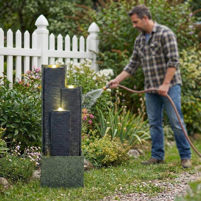 40 Inch Outdoor Water Fountain with LED Light, Modern Cascading Freestanding Resin Waterfall Feature, Tall Garden Decor for Patio Porch Lawn Backyard