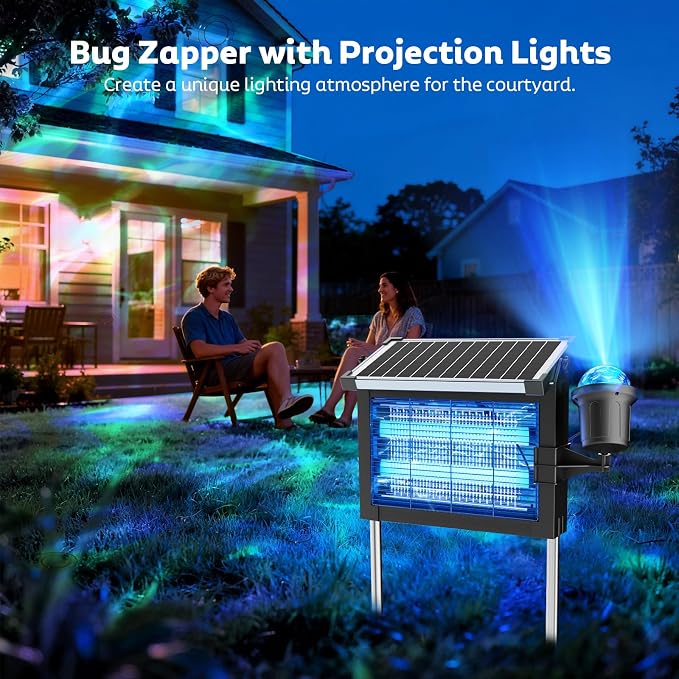 OnBeam Solar Bug Zapper Outdoor, 4500V Fly Zapper with Projector Lights | 10W Solar Panel, USB-C Charging, IPX5 Waterproof, Auto Mode, Wide Coverage, Mosquito Zapper for Backyard, Patio, Garden