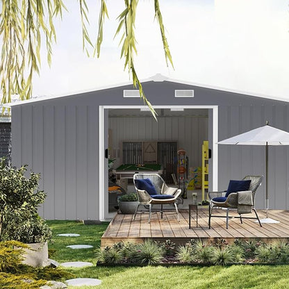 10x12 FT Outdoor Storage Shed Metal Garden Tool Shed with 2 Windows,Waterproof Tool Shed W/Sliding Door & Vents,for Bike Storage,Dark Gray