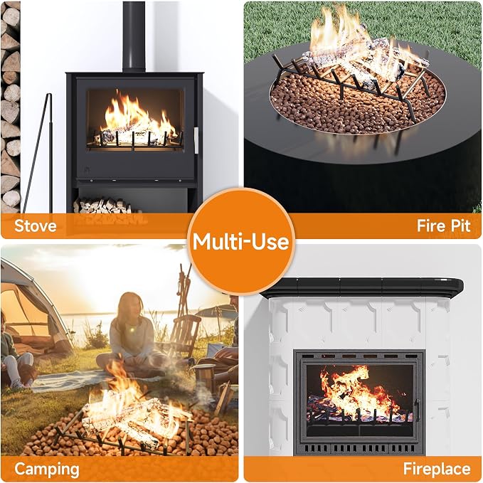SUZLON Fireplace Grate 30 inch 8 Bar Fireplace Log Grate Heavy Duty Solid Steel Indoor Chimney Hearth with 6 Enhanced Stability Legs Kindling Tools Pit Wood Stove Firewood Burning Rack Holder