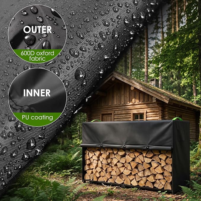 8ft Firewood Rack Cover, 600D Outdoor Waterpoof Log Rack Cover | Front Roll-up Openings, Reflective Handles, Retaining Clips, Air vents, Firewood Rack Cover ( Cover Only) , 95x25x45"