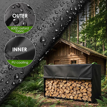 8ft Firewood Rack Cover, 600D Outdoor Waterpoof Log Rack Cover | Front Roll-up Openings, Reflective Handles, Retaining Clips, Air vents, Firewood Rack Cover ( Cover Only) , 95x25x45"