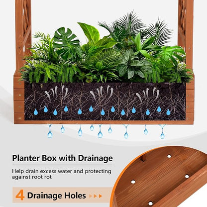 VINGLI Raised Garden Bed with Trellis & Hanging Roof, Wooden Planter Box with Drainage Holes for Outdoor Climbing Plants Vegetables Flowers, Patio Yard Balcony (Teak, Medium)