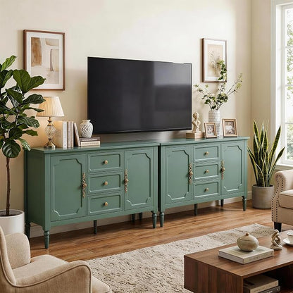 RoyalCraft Buffet Cabinet with 2 Doors & 3 Drawers, Vintage Sideboard with Storage, Painted Coffee Bar Table with Solid Wood Legs, Ideal for Kitchen, Living Room, Dining Room, Green
