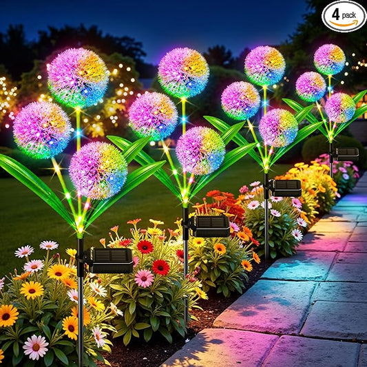 WdtPro Solar Lights Outdoor Garden Decor, 4 Pack 12 Heads Solar Flower Lights, 2 Modes 144 LEDs Dandelion Light & Glowing Stems, Brighter Waterproof Decorative Garden Lights for Yard, Patio, Gifts