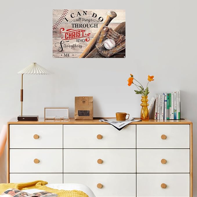 Funny Baseball Metal Poster for Boys Bedroom-I Can Do All Things Through Christ Who Strengthens Me Baseball Signs,Baseball Room Decor,Baseball Tin Sign Gifts Baseball Wall Art Decorations 8x12 Inch