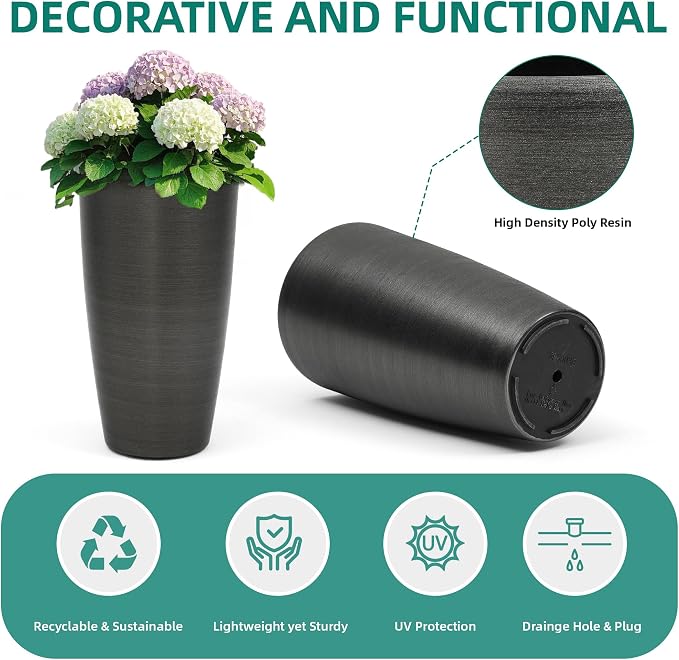 Autodaya 22.8" Tall Black Brushed Resin Planters Set of 2 | High-Density Resin Pots with Drainage Hole For Patio, Garden, Porch, Living Room, Indoor or Outdoor Use, and Gifting