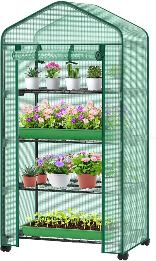 Ohuhu Small Greenhouse for Indoor Outdoor with Wheel, Portable Plastic Plant Green House 4-Tier Rack Stand Portable Greenhouses with Durable PE Cover for Seedling