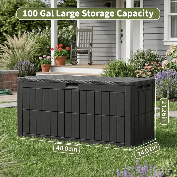 100 Gallon Outdoor Storage Box, Waterproof Lockable Deck Box | Resin Storage Bin for Patio Furniture Cushions, Garden Tools, Pool Supplies Organization, Indoor & Outdoor Use