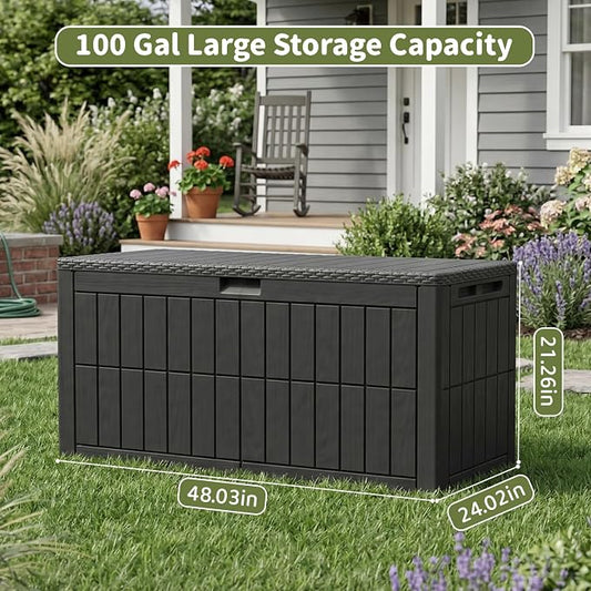 100 Gallon Outdoor Storage Box, Waterproof Lockable Deck Box | Resin Storage Bin for Patio Furniture Cushions, Garden Tools, Pool Supplies Organization, Indoor & Outdoor Use