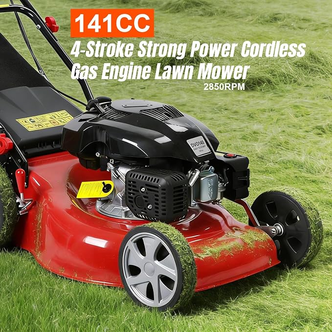 Lawn Mower Gas Powered, Gas Mower with 50l Grass Bag Big Wheels, 141cc 3-in-1 Cordless Gas Engine Mowers with 20" Blade, Self Propelled Walk-Behind Push Mower for Hills 2850RPM (Upgraded 01)