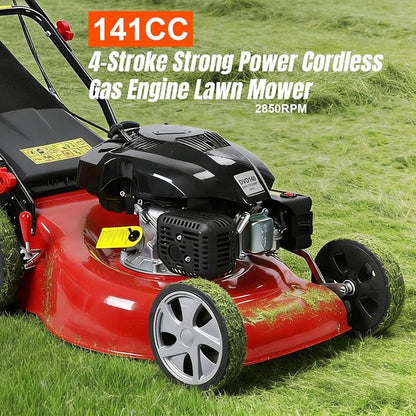 Lawn Mower Gas Powered, Gas Mower with 50l Grass Bag Big Wheels, 141cc 3-in-1 Cordless Gas Engine Mowers with 20" Blade, Self Propelled Walk-Behind Push Mower for Hills 2850RPM (Upgraded 01)