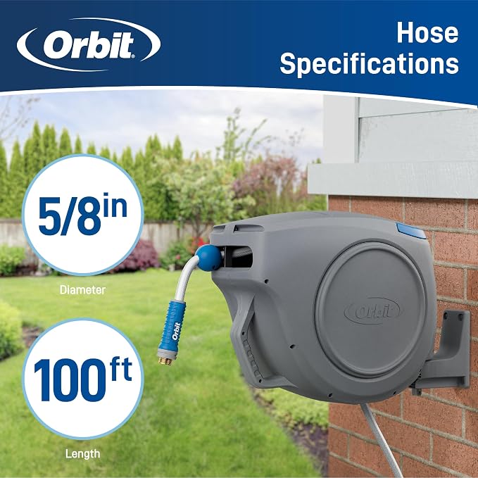 Orbit Auto-Retractable Garden Hose Reel - 100 ft x 5/8 in | Heavy-Duty, 180° Swivel Mount, 500 PSI Burst Strength - 28263