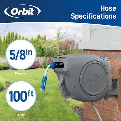 Orbit Auto-Retractable Garden Hose Reel - 100 ft x 5/8 in | Heavy-Duty, 180° Swivel Mount, 500 PSI Burst Strength - 28263